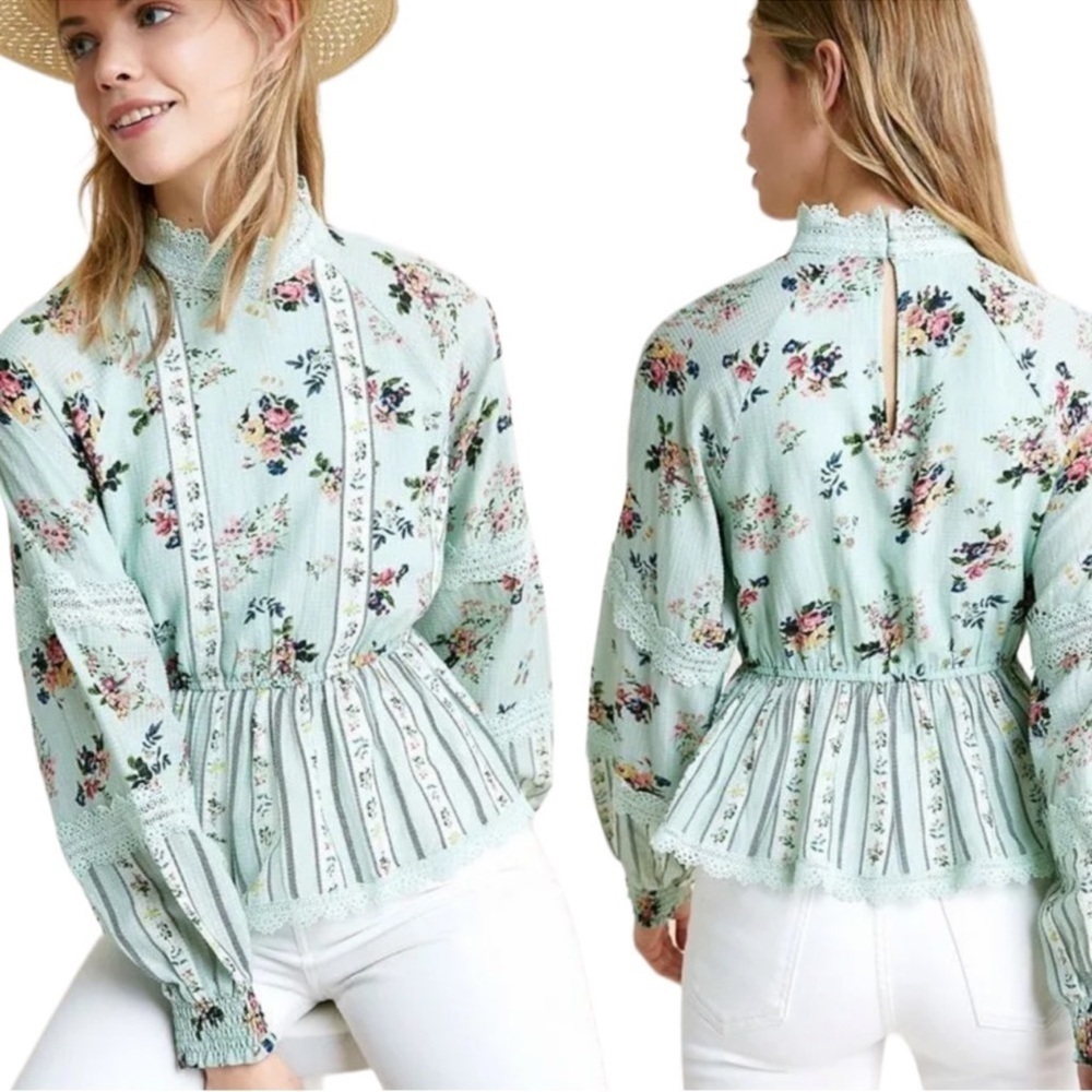 HEMANT & NANDITA Amour Floral Lace Blouse green shirt top